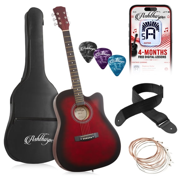 Ashthorpe 41-Inch Beginner Acoustic Guitar Package - Red, Complete Starter Kit with Gig Bag, Extra Strings, Strap, and Lessons