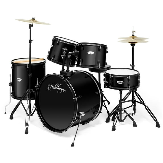 Ashthorpe 5-Piece Complete Full Size Adult Drum Set with Remo Batter Drumheads - Black