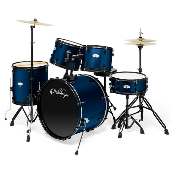 Ashthorpe 5-Piece Complete Full Size Adult Drum Set with Remo Batter Drumheads - Blue
