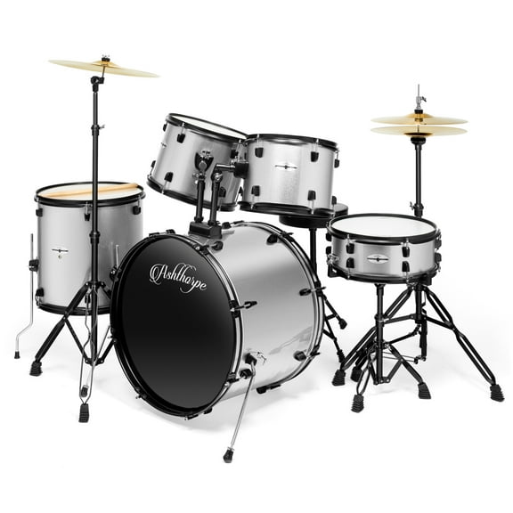 Ashthorpe 5-Piece Complete Full Size Adult Drum Set with Remo Batter Drumheads - Silver