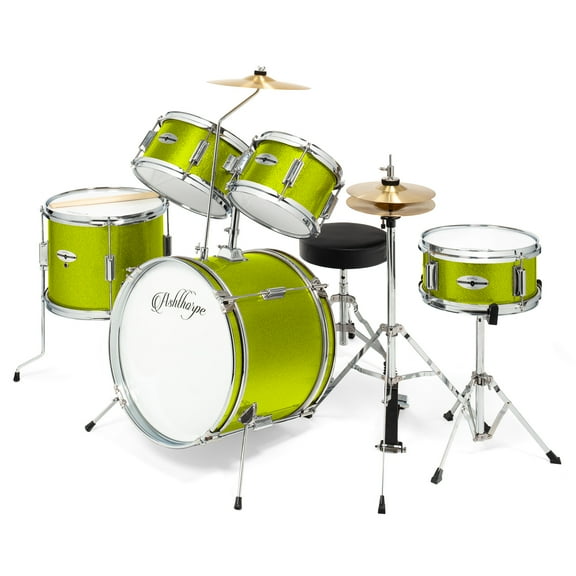 Ashthorpe 5-Piece Complete Junior Drum Set with Brass Cymbals and Drummer's Throne - Green