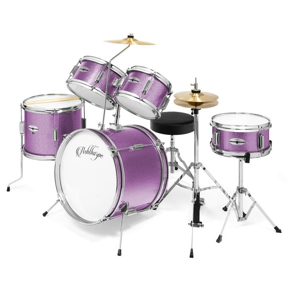 Ashthorpe 5-Piece Complete Junior Drum Set with Brass Cymbals and Drummer's Throne - Purple