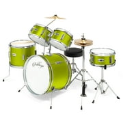 Ashthorpe 5-Piece Complete Kid's Junior Advanced Beginner Drum Set Brass Cymbals with 16" Bass, Adjustable Throne, Hi-Hats, Pedals and Drumsticks, Green