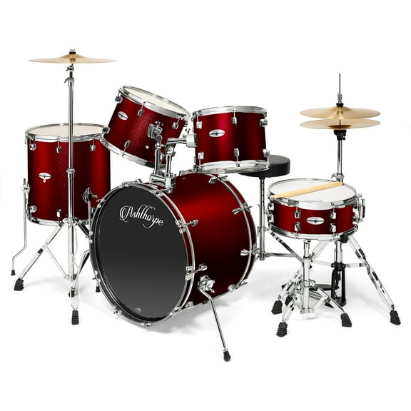 Ashthorpe 5-Piece Full-Size Adult Drum Set with Remo Drumheads & Premium Brass Cymbals - Red
