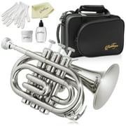 Ashthorpe Bb Brass Pocket Trumpet with Nickel Plated Finish - Includes Case, Mouthpiece, Gloves, Cleaning Cloth, Valve Oil
