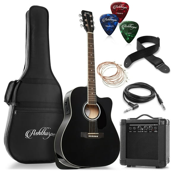 Ashthorpe Cutaway Dreadnought Acoustic Electric Guitar with 10-Watt Amp, Black