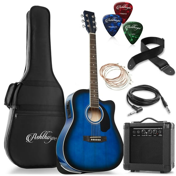 Ashthorpe Cutaway Dreadnought Acoustic Electric Guitar with 10-Watt Amp, Blue