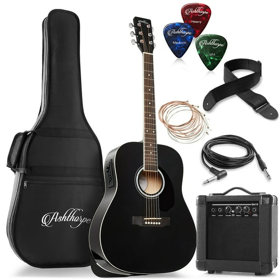 Ashthorpe Dreadnought Acoustic Electric Guitar with 10-Watt Amp, Black