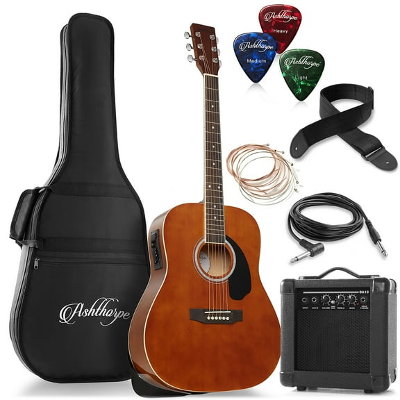 Ashthorpe Dreadnought Acoustic Electric Guitar with 10-Watt Amp, Brown