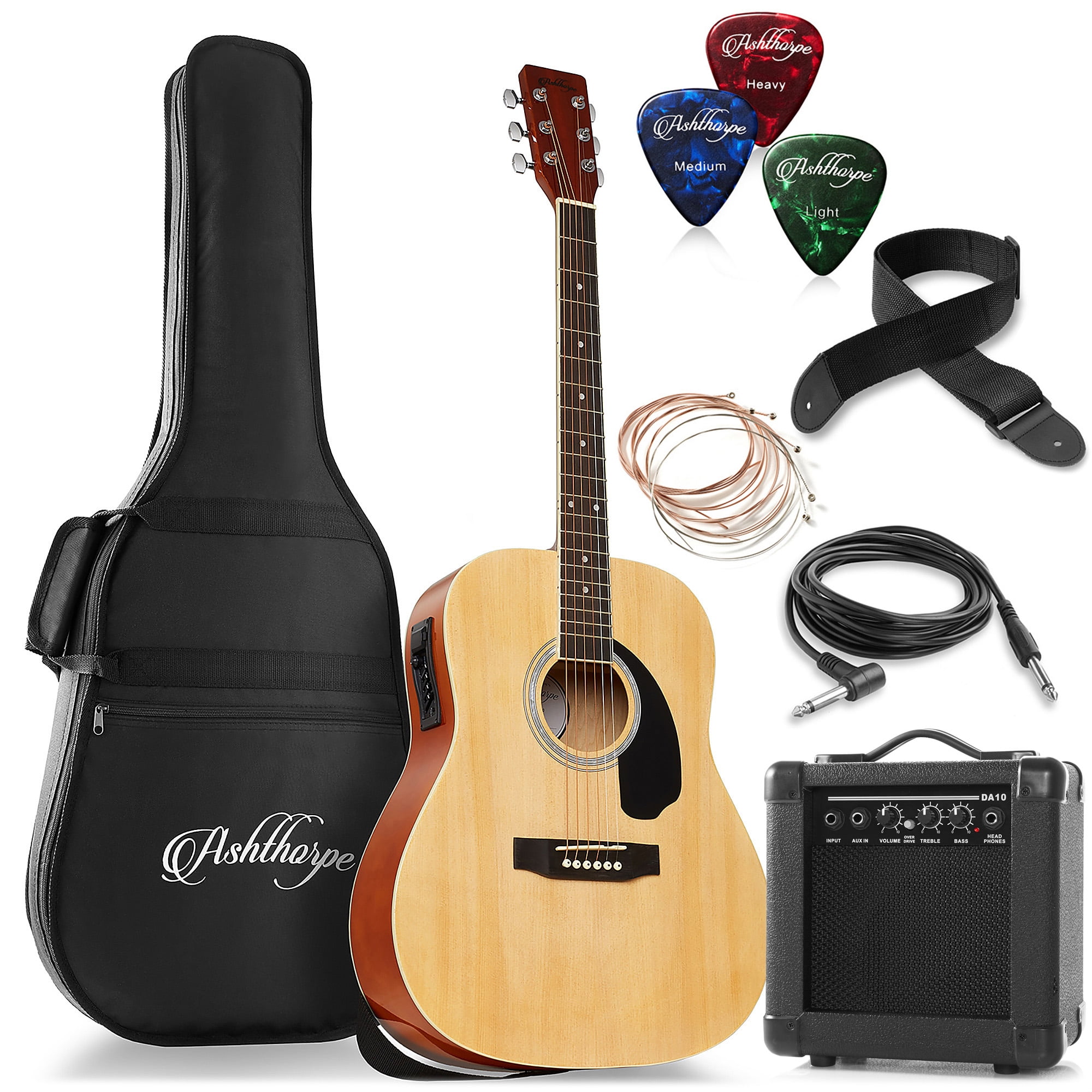 Ashthorpe Dreadnought Acoustic Electric Guitar with 10-Watt Amp, Natural