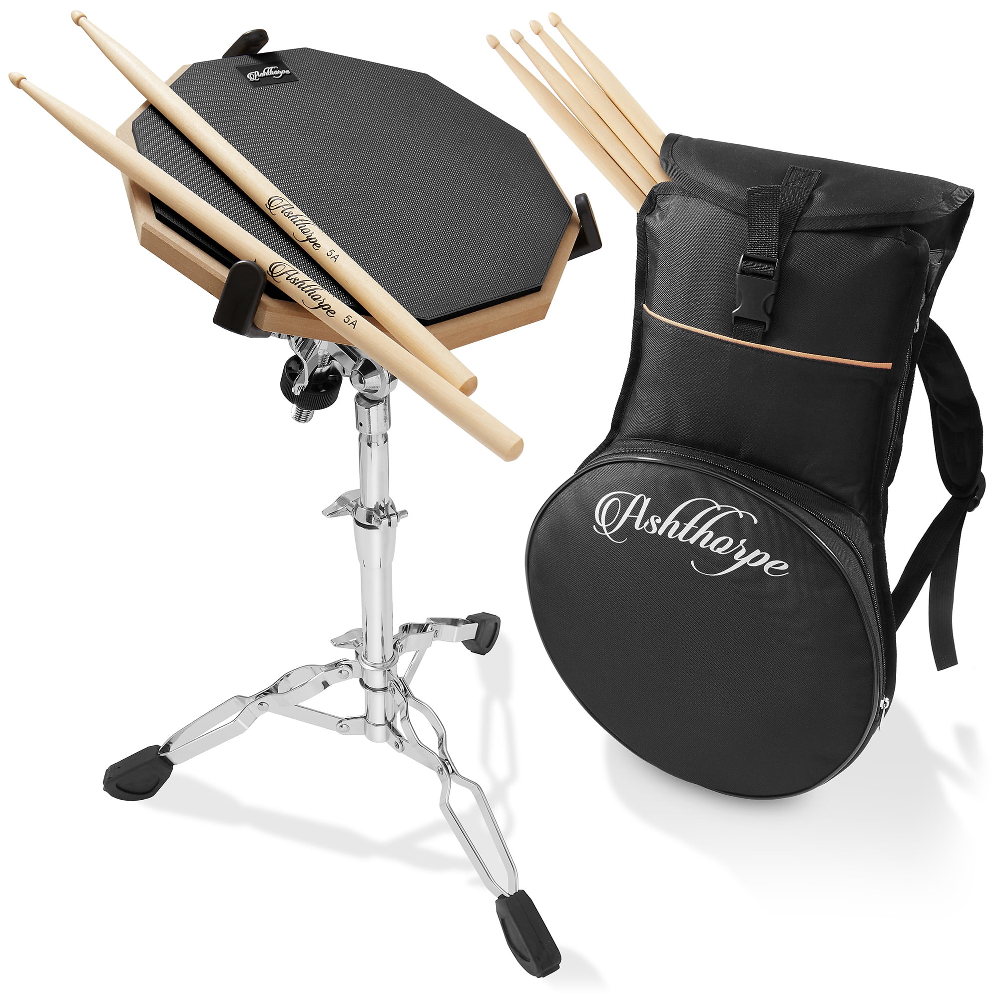 Ashthorpe Drum Practice Pad Set with Stand, Black 12" DoubleSided
