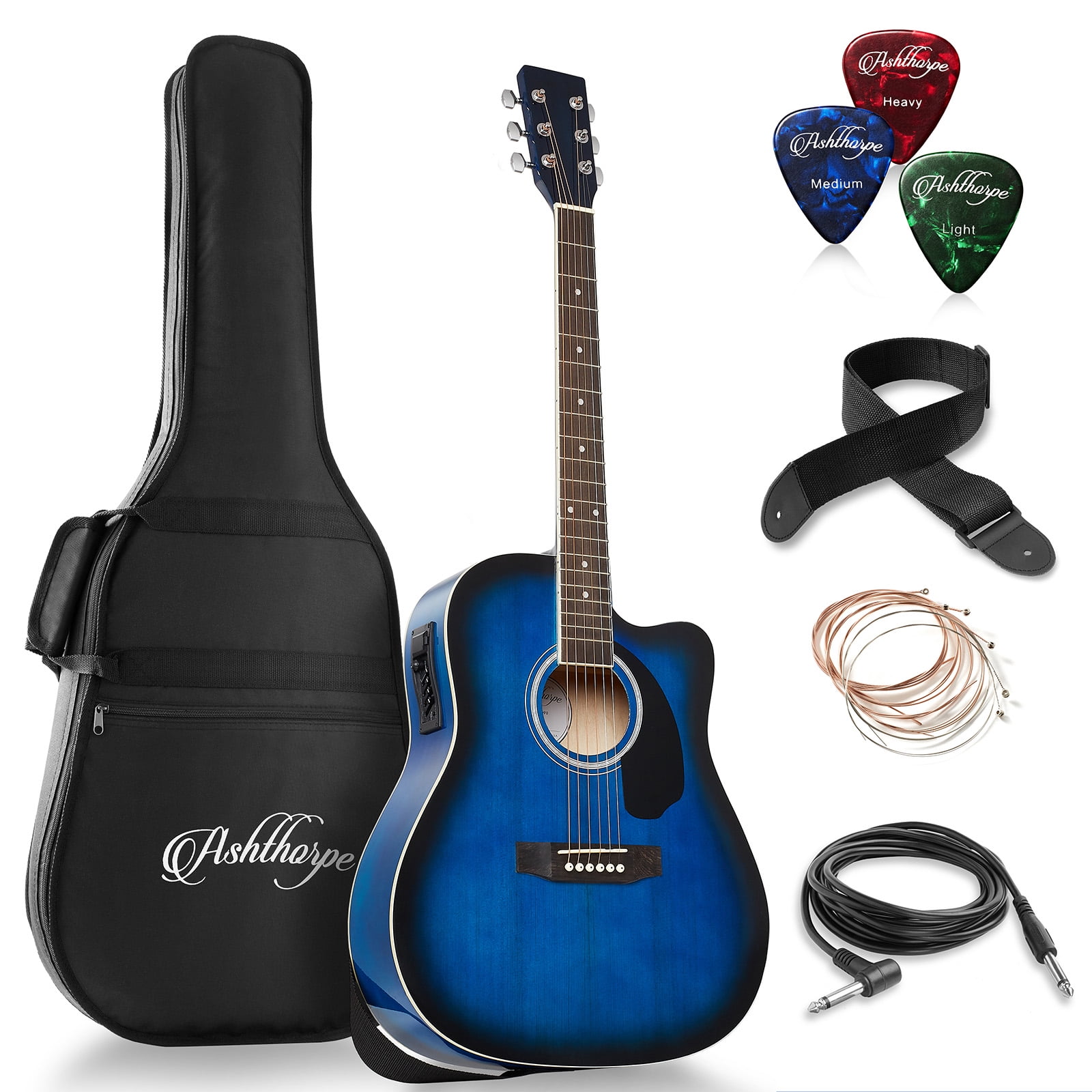 Ashthorpe Full-Size Cutaway Dreadnought Acoustic Electric Guitar Package, Blue