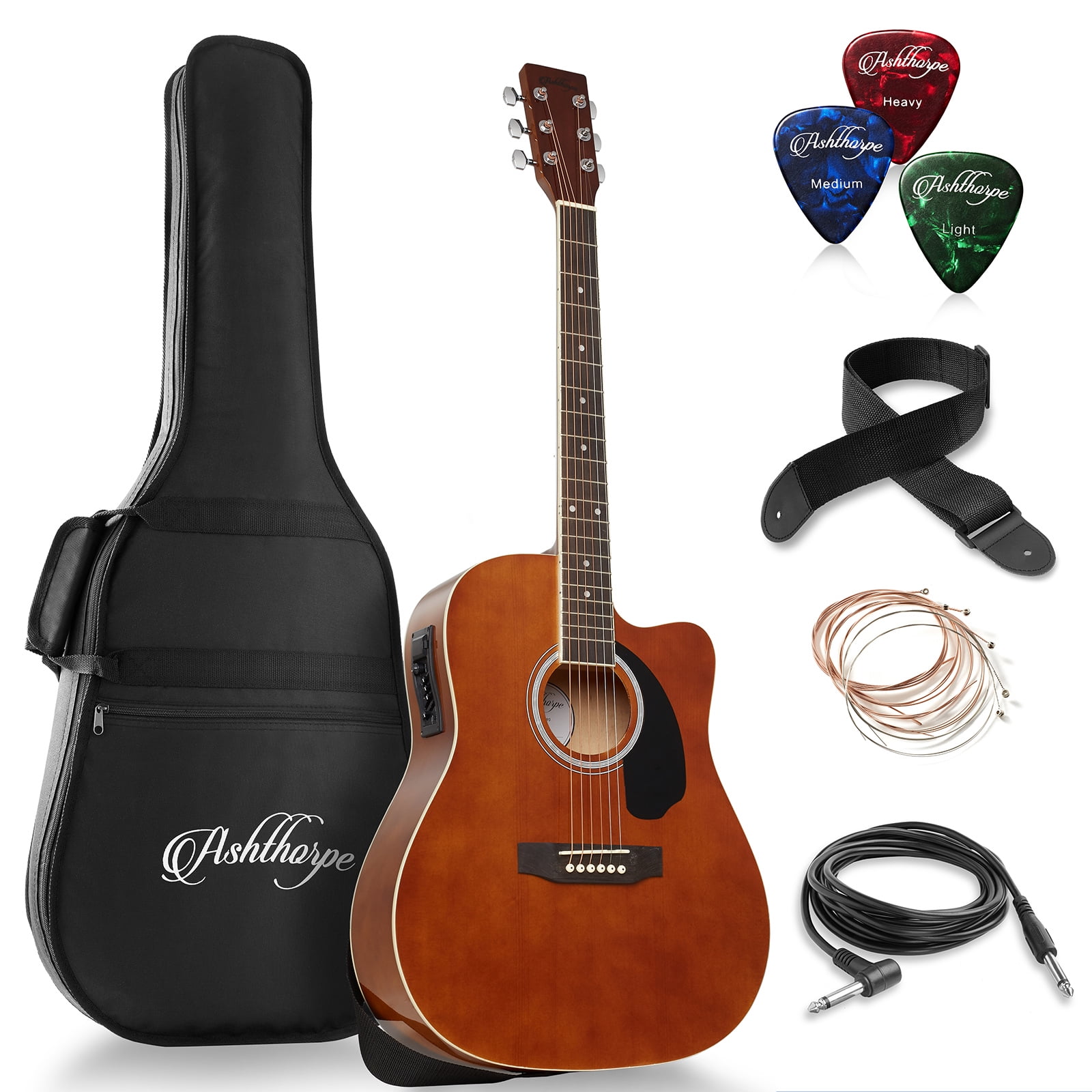Ashthorpe Full-Size Cutaway Dreadnought Acoustic Electric Guitar Package, Brown