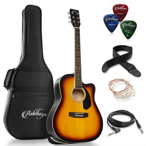 Ashthorpe Full-Size Cutaway Dreadnought Acoustic Electric Guitar Package, Sunburst
