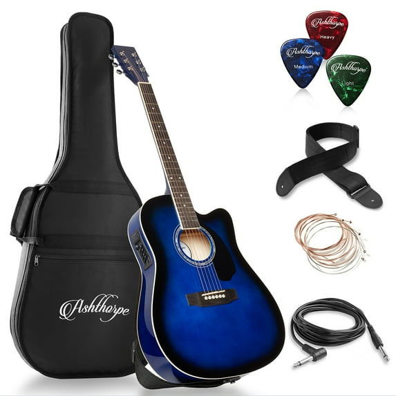 Ashthorpe Full-Size Cutaway Thinline Acoustic Electric Guitar Package, Blue