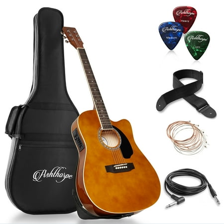 Ashthorpe Full-Size Cutaway Thinline Acoustic Electric Guitar Package, Brown