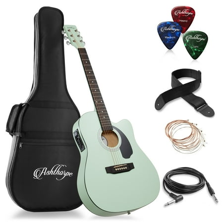 Ashthorpe Full-Size Cutaway Thinline Acoustic Electric Guitar Package, Mint Green
