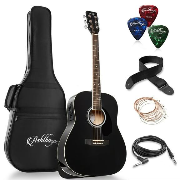 Ashthorpe Full-Size Dreadnought Acoustic Electric Guitar Package, Black