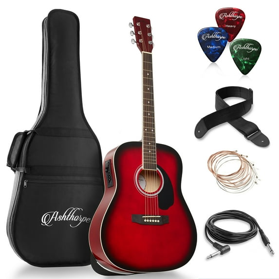 Ashthorpe Full-Size Dreadnought Acoustic Electric Guitar Package, Red