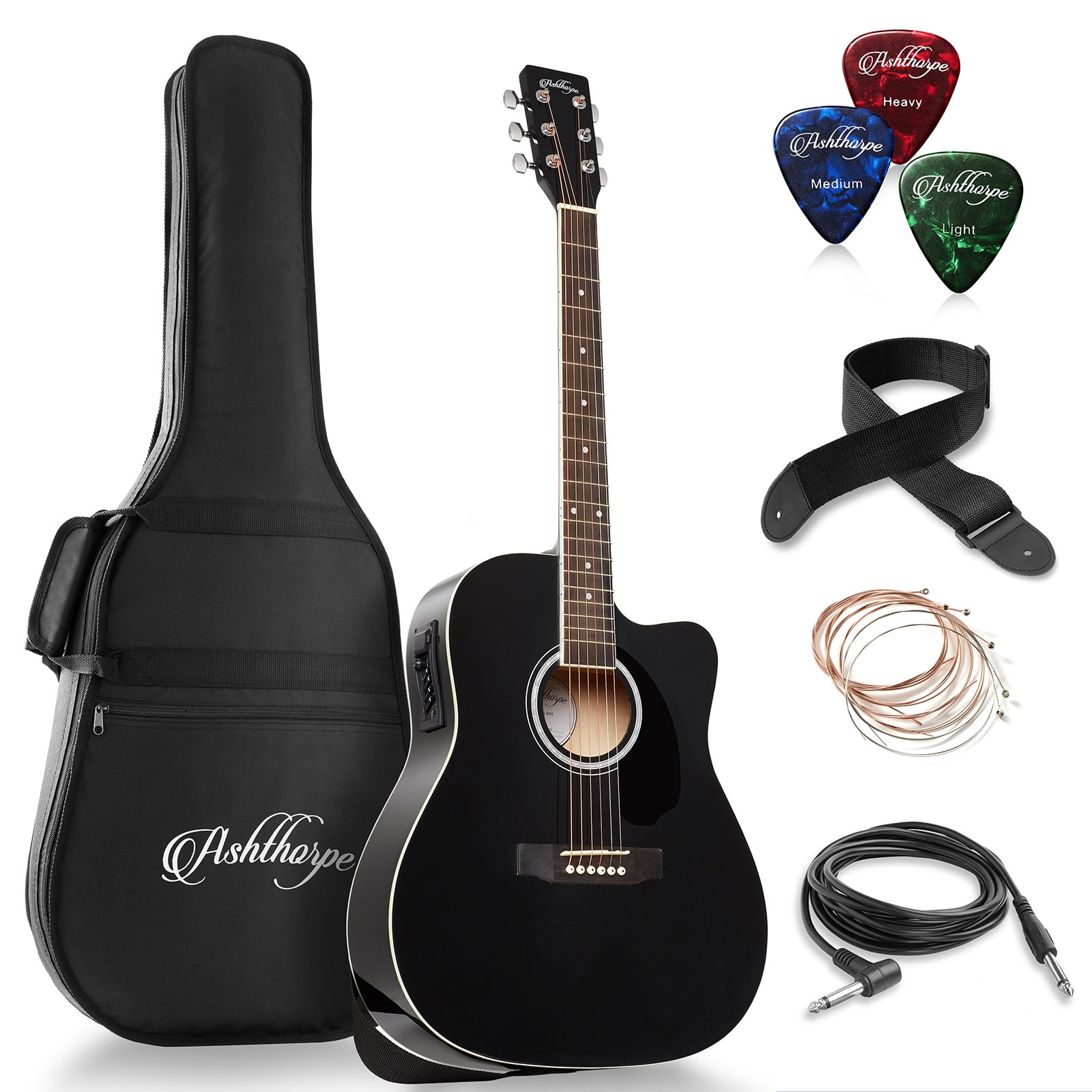 Ashthorpe Full-Size Dreadnought Cutaway Acoustic-Electric Guitar Bundle  Premium Tonewoods, Black