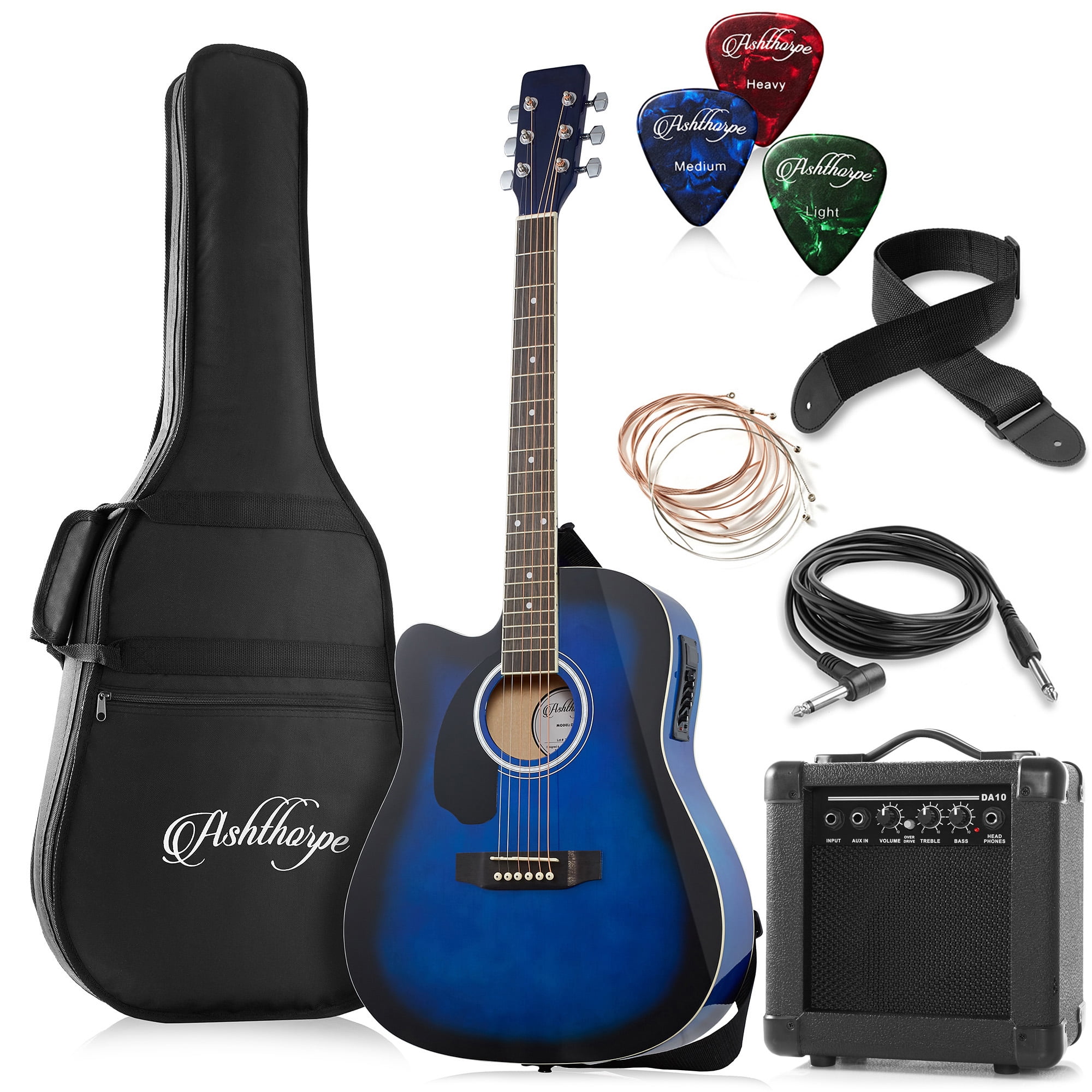 Ashthorpe Left Handed Cutaway Dreadnought Acoustic Electric Guitar with 10-Watt Amp, Blue