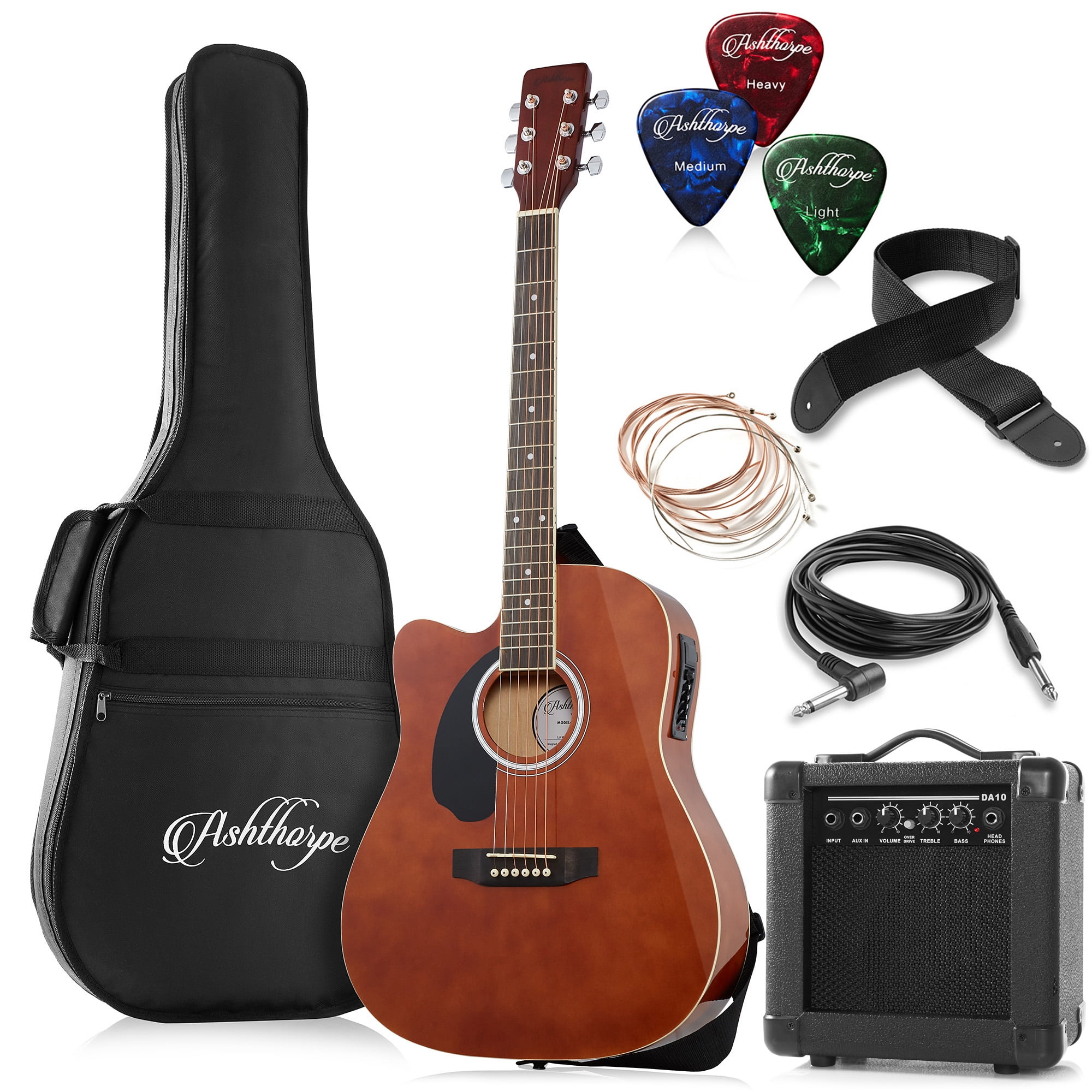 Ashthorpe Left Handed Cutaway Dreadnought Acoustic Electric Guitar with 10-Watt Amp, Brown