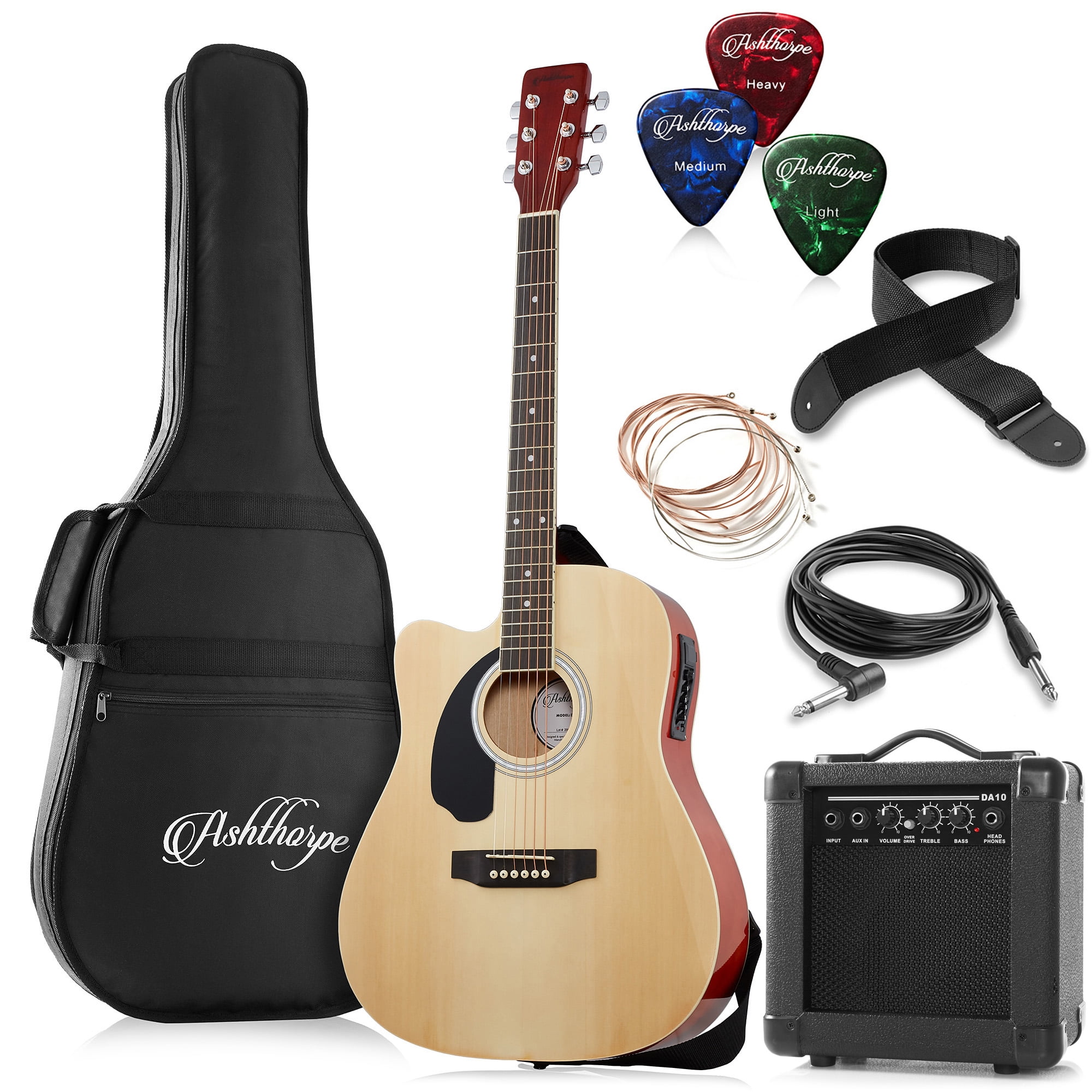 Ashthorpe Left Handed Cutaway Dreadnought Acoustic Electric Guitar with 10-Watt Amp, Natural