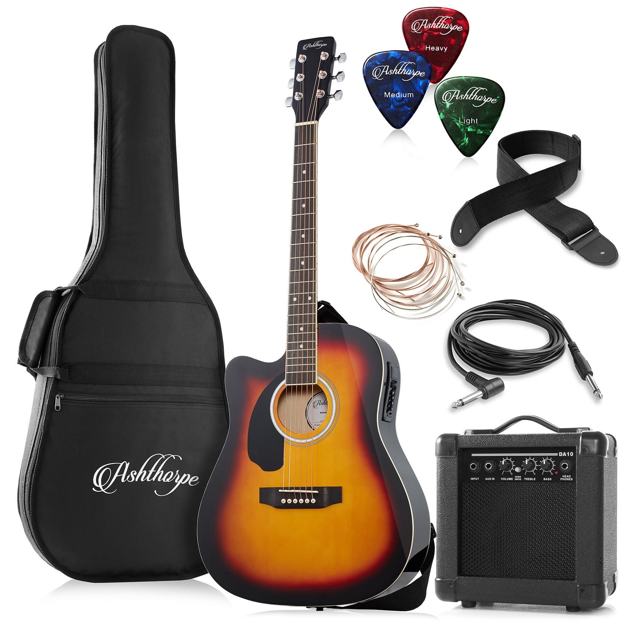 Ashthorpe Left Handed Cutaway Dreadnought Acoustic Electric Guitar with 10-Watt Amp, Sunburst