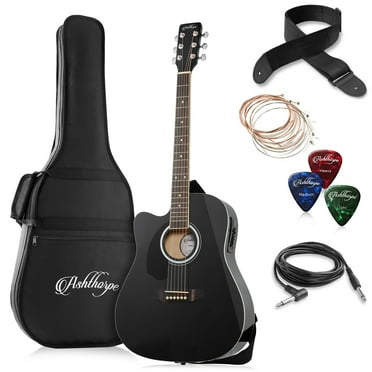 Ashthorpe Left-Handed Full-Size Cutaway Dreadnought Acoustic Electric Guitar Package, Black