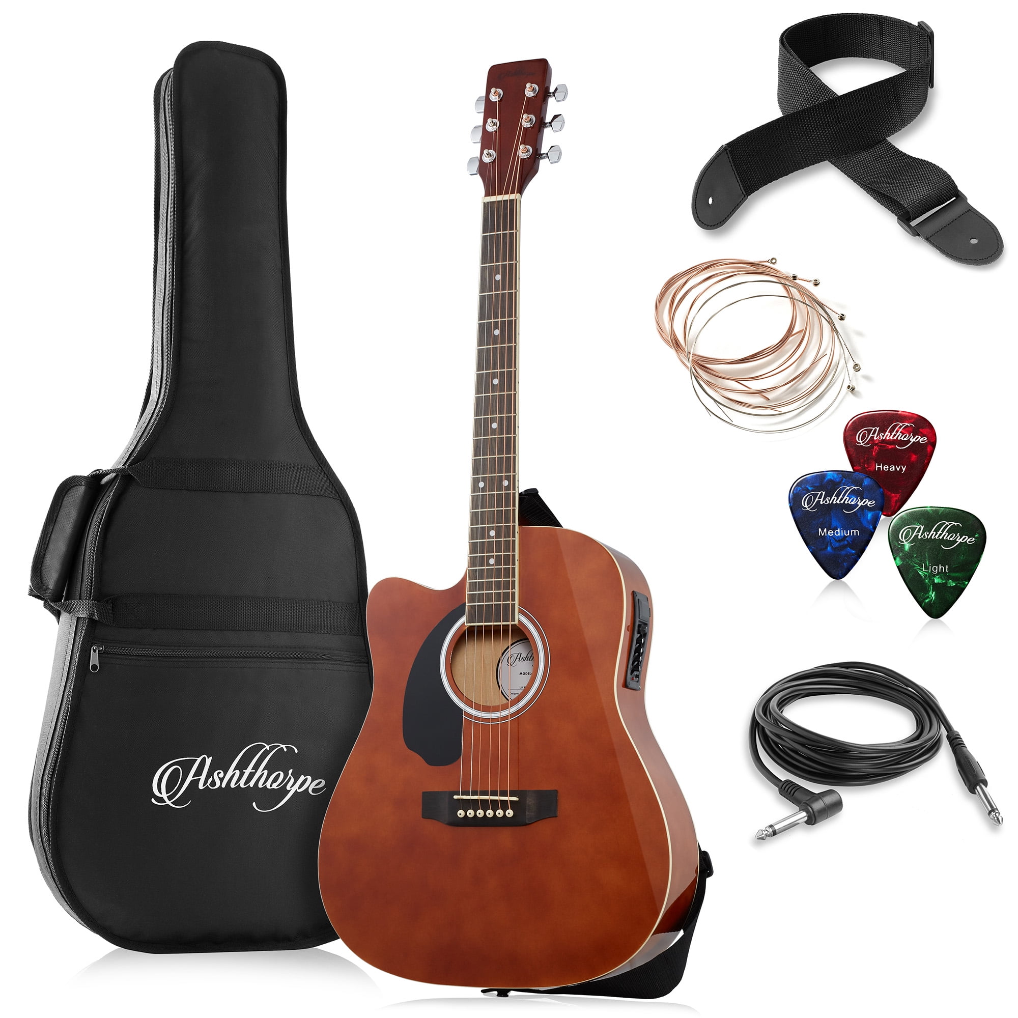 Ashthorpe Left-Handed Full-Size Cutaway Dreadnought Acoustic Electric Guitar Package, Brown