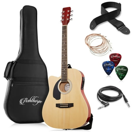 Ashthorpe Left-Handed Full-Size Cutaway Thinline Acoustic Electric Guitar Package, Natural