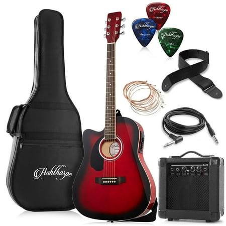 product image of Ashthorpe Left-Handed Thinline Cutaway Acoustic Electric Guitar with 10 Watt Amp, Red
