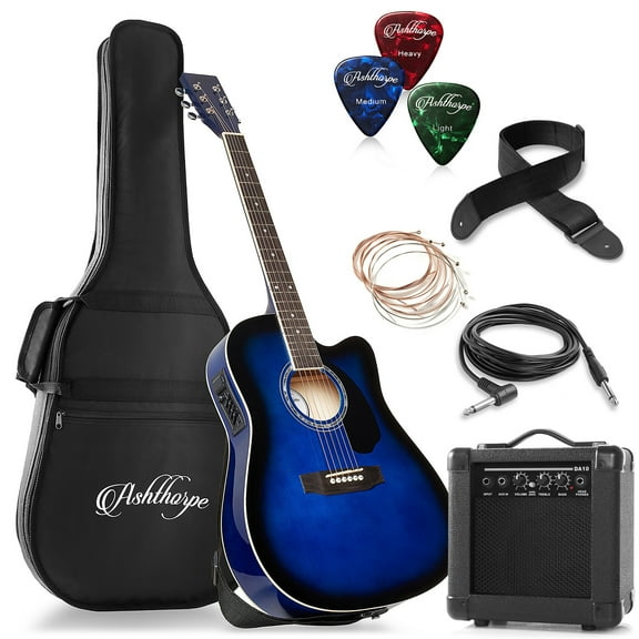 Ashthorpe Thinline Cutaway Acoustic Electric Guitar with 10-Watt Amp, Blue