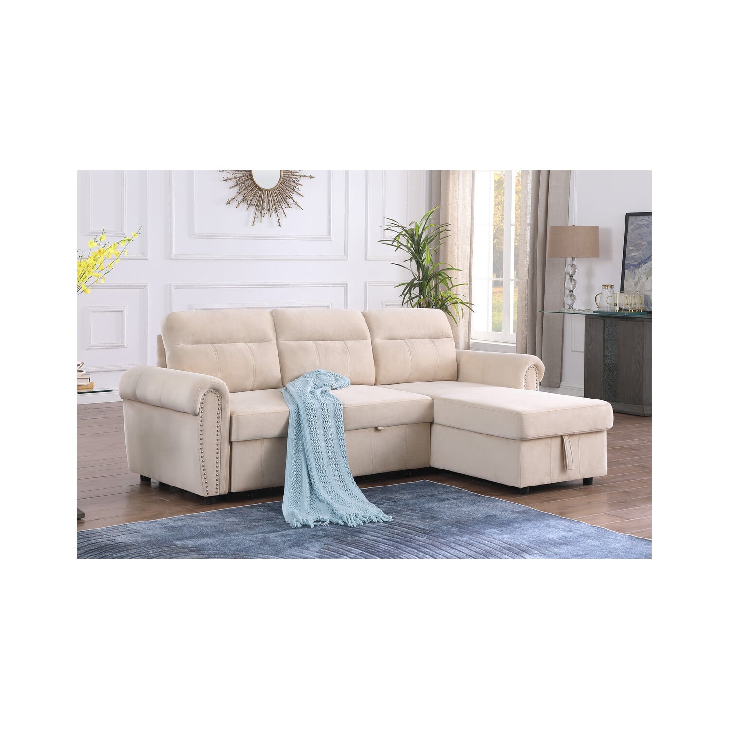 Ashton Beige Velvet Fabric Reversible Sleeper Sectional Sofa Chaise ...