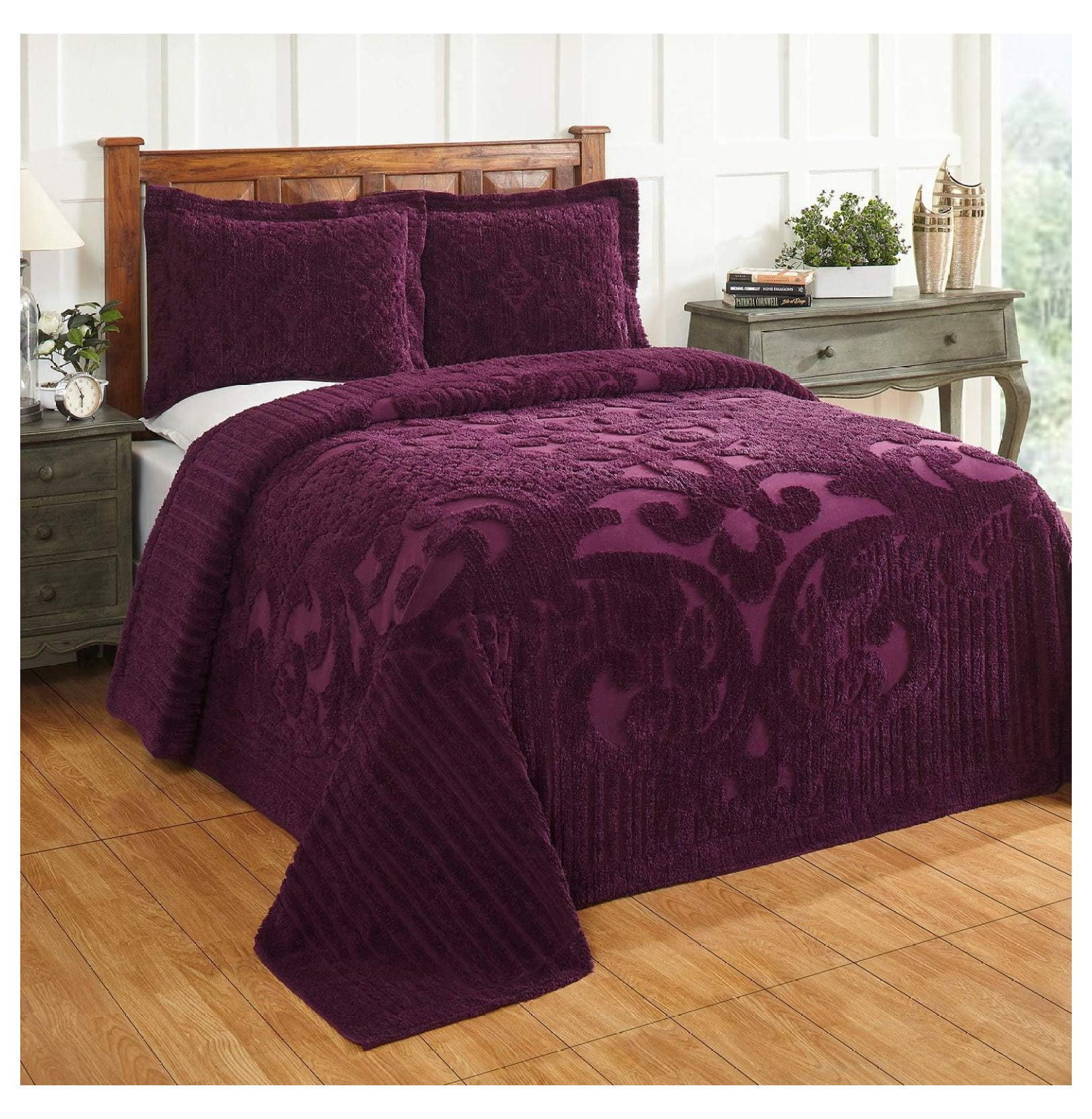 Ashton Collection 100% Cotton Chenille Bedspread Medallion Design Queen size Floral Design Bed Cover in Plum - Tufted Cotton Bedspreads, Lightweight Bedspread & Coverlets