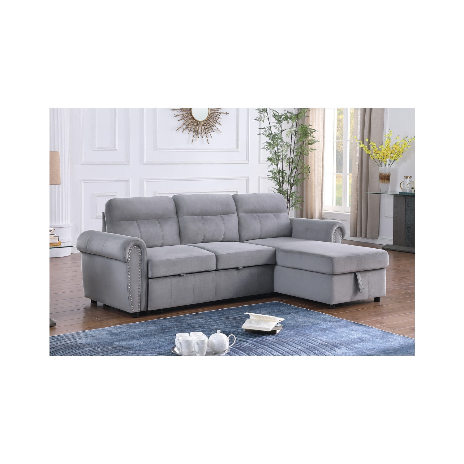 Ashton Gray Velvet Fabric Reversible Sleeper Sectional Sofa Chaise ...