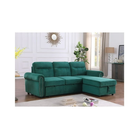 Ashton Green Velvet Fabric Reversible Sleeper Sectional Sofa Chaise