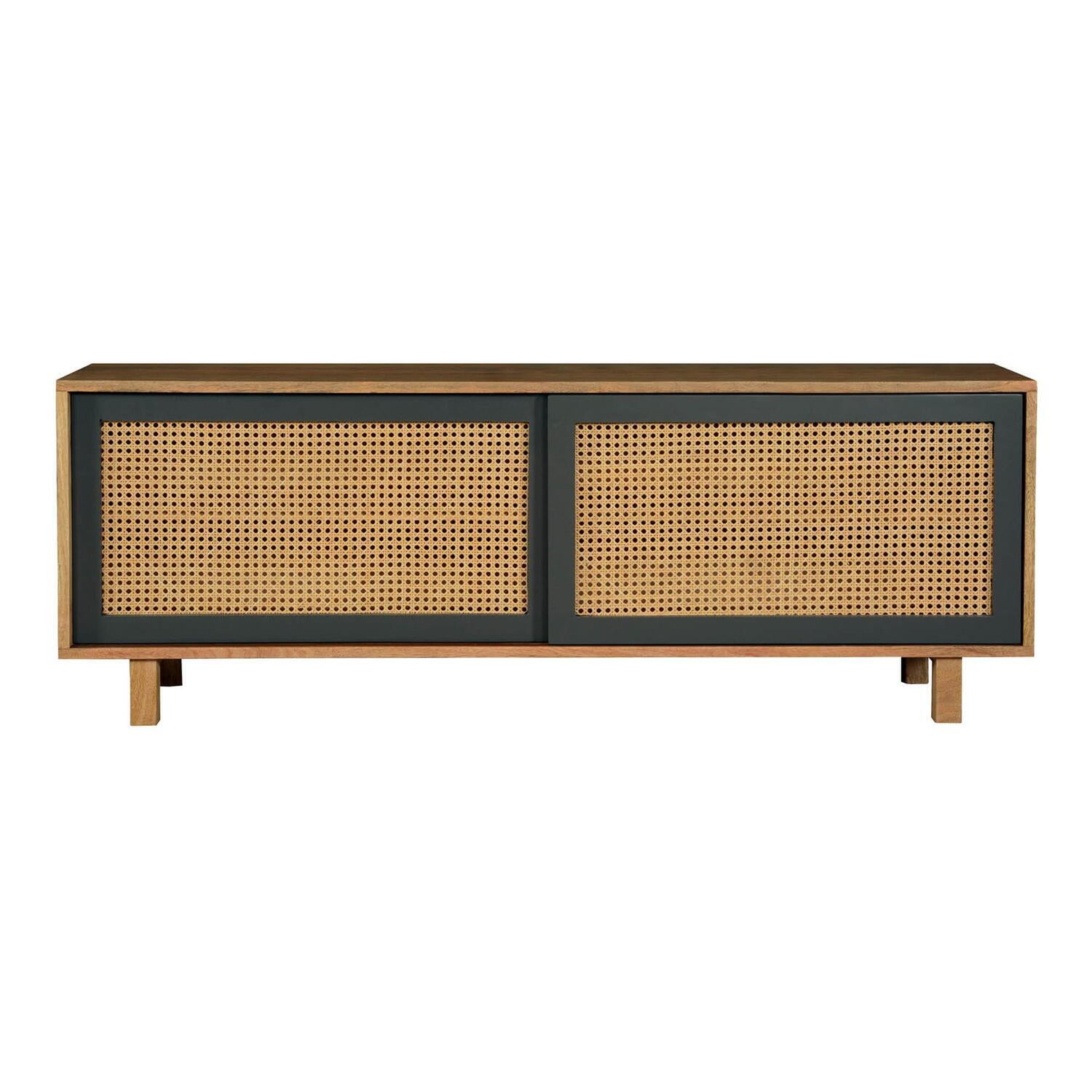 Scandinavian Black Mango Wood and Woven Cane Media Console with Cabinet