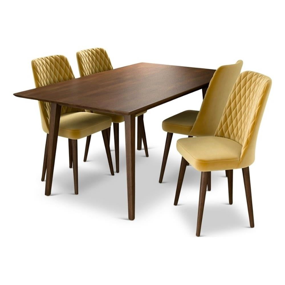 Walnut Brown Mid-Century Dining Table Set with Gold Velvet Chairs