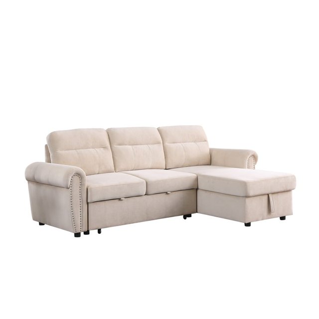 Ashton Velvet Reversible Sleeper Sectional Sofa Chaise Beige