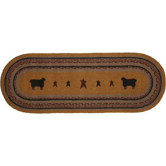 Ashton & Willow Mustard Tan Yellow Primitive Tabletop Kitchen Settlement Sheep Jute Stenciled Nature Print Oval 13x36 Runner