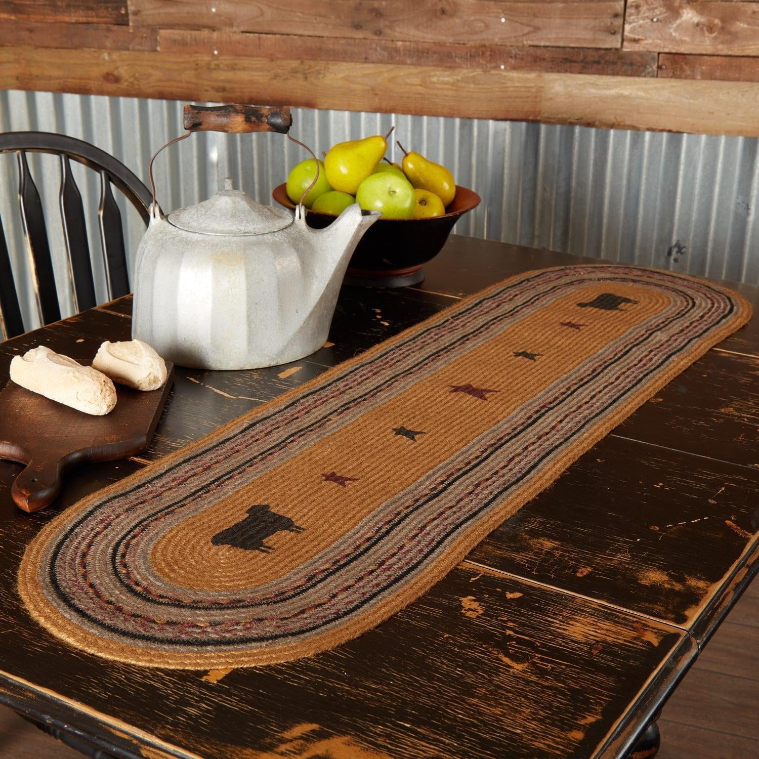 Mustard Tan Yellow Oval Jute Table Runner with Sheep Print