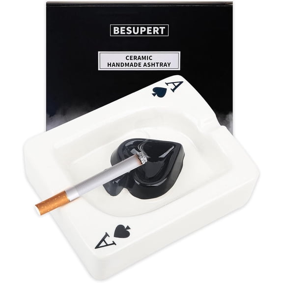 Ashtray, Decorative Ceramic Poker Ash Tray for Cigarettes and Cigar Smokers, Cute and Funny Handmade Decoration for Home Decor, Tabletop Fantasy Gift for Indoor Outdoor Home Patio Use(Ace of Spades)