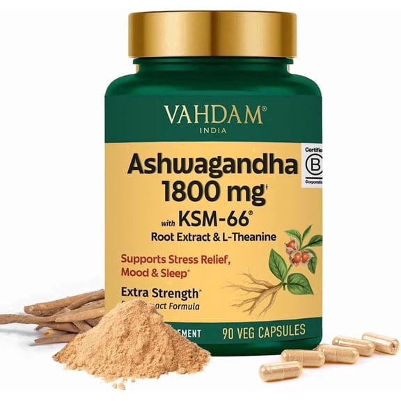 VAHDAM Ashwagandha Supplement 1800mg with Ashwagandha Root Extract and L-Theanine | Support Stress Relief, Mood and Sleep | 90 Capsules