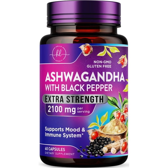 Ashwagandha Supplements 2100mg - Max Absorption with Black Pepper Extract, Extra Strength Ashwagandha Capsules with 100% Plant Powder & Root Extract, Non-GMO, Bottled in USA - 60 Vegetarian Capsules