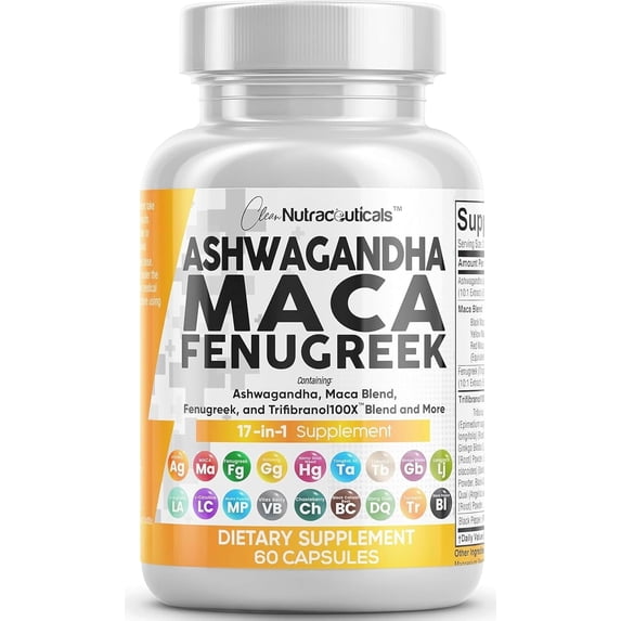 Clean Nutraceuticals Ashwagandha Maca Root Fenugreek Supplement with Tongkat Ali Ginseng - Assists with Stress, Mood & Thyroid - Ashwagandha Capsules Fenugreek Caps - 1 Pack