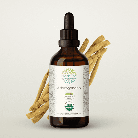 HerbEra Ashwagandha Tincture, Organic Herbal Dietary Supplement for Stress Support, Certified Organic Ashwagandha (Withania somnifera) Dried Root Extract, Natural, Alcohol-Free, Drops 4 oz