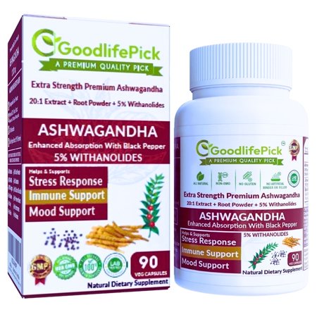 Premium Ashwagandha Capsules 12300mg with Black Pepper, 5% Withanolides, 90 Count