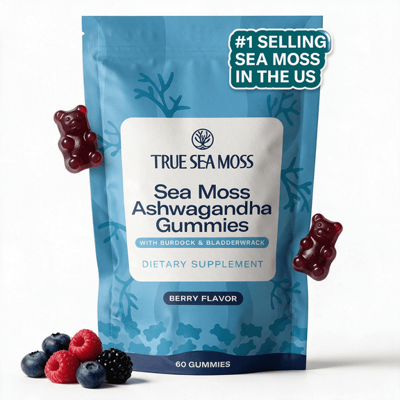 True Sea Moss Ashwagandha Gummies with Sea Moss, Burdock & Bladderwrack, Vegan Herbal Blend for Men & Women, 60 Gummies in Pouch