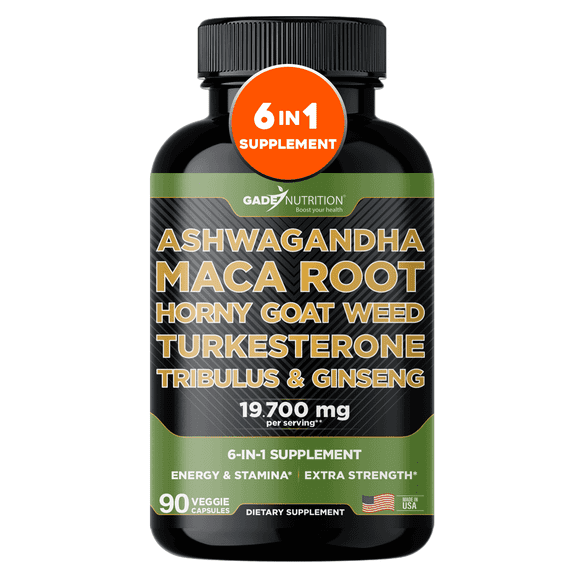 Gade Nutrition Ashwagandha with Maca Root, Horny Goat Weed, Turkesterone, Tribulus & Ginseng -90 Capsules - Made in USA